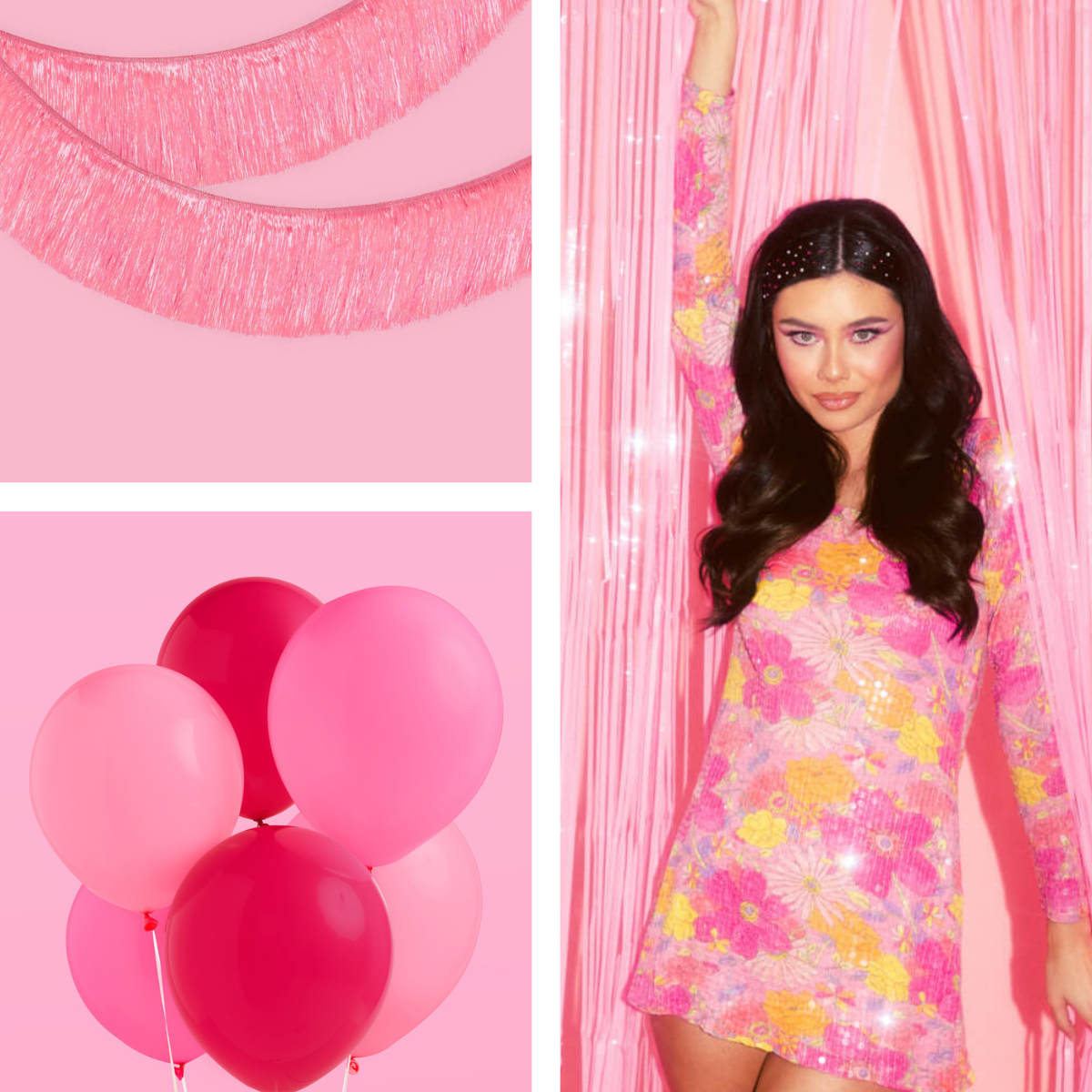Woman in a floral dress standing in front of pink curtains with pink balloons on a pink background