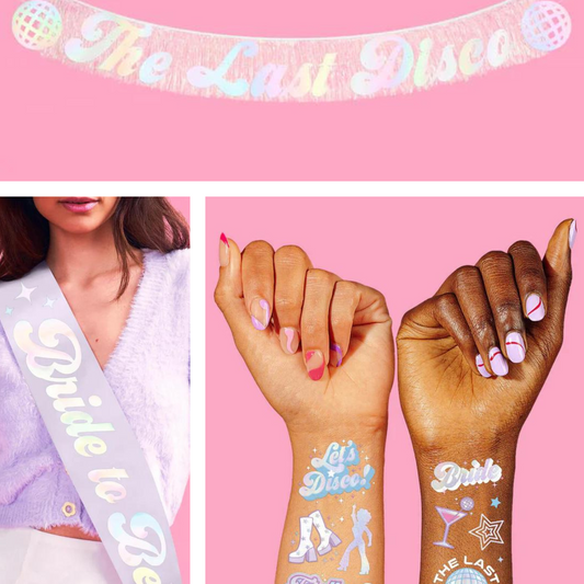 Decorative banner, sash, and temporary tattoos with 'Bride to Be' and 'The Last Disco Queen' text on a pink background.
