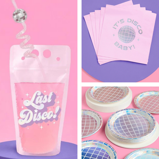 Collage of 'Last Disco!' themed party supplies including cups, napkins, and plates on a pink and purple background.