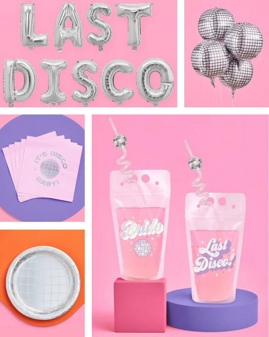 Collage of 'Last Disco' themed party supplies including balloons, straws, and cups on a pink background.