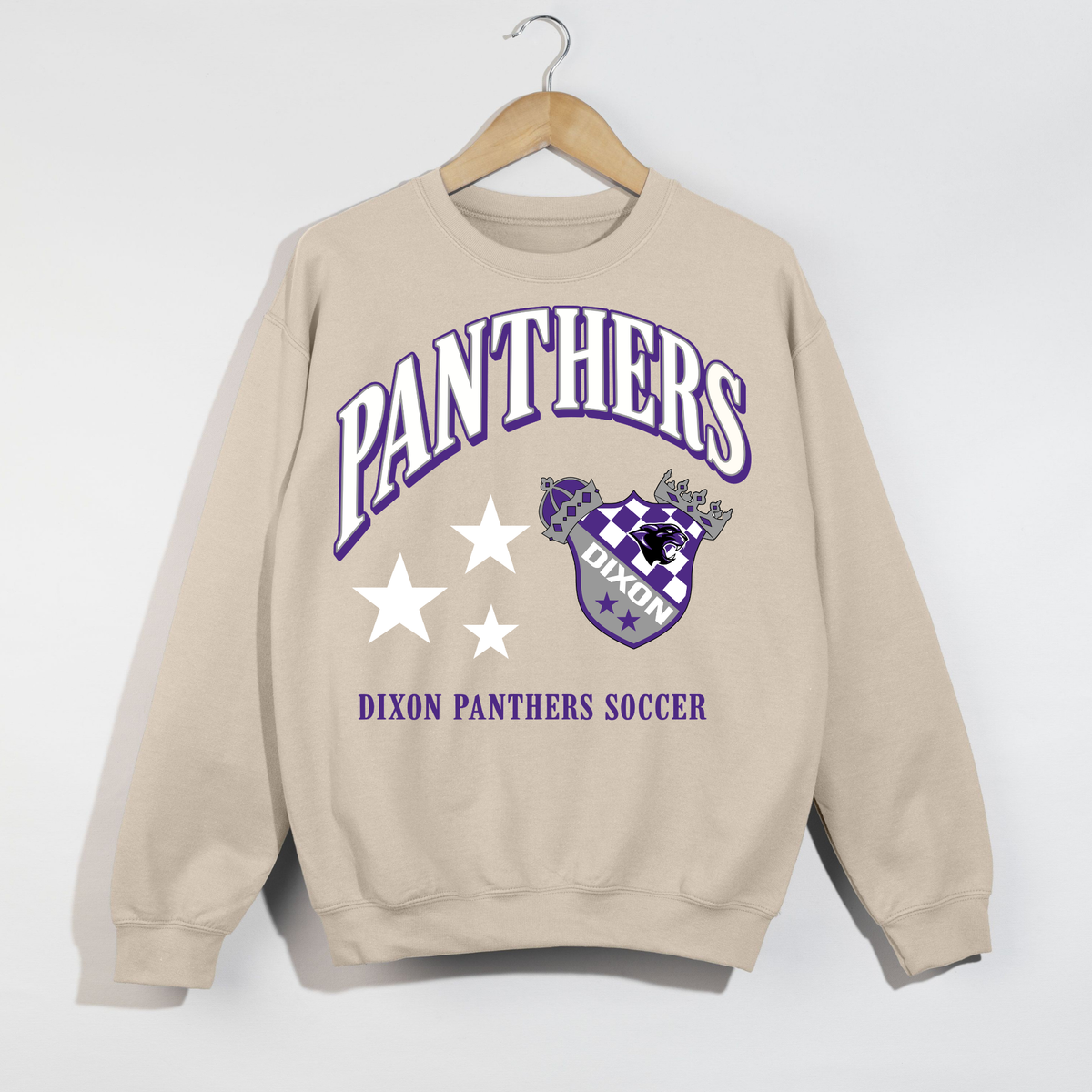 Dixon Panthers Soccer sand crewneck sweatshirt with purple Panthers crest and collegiate soccer graphic