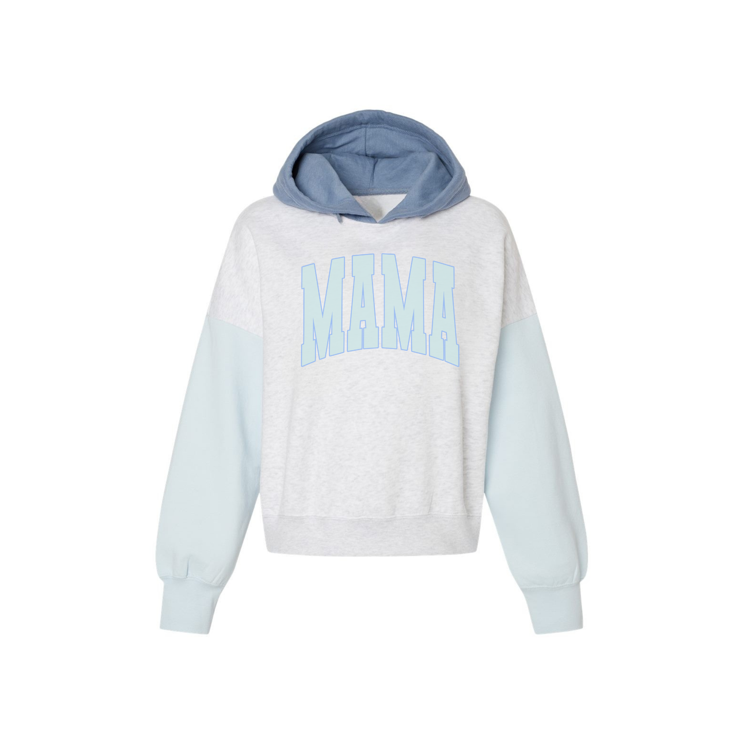 Light blue and gray hoodie with 'MAMA' text on a white background