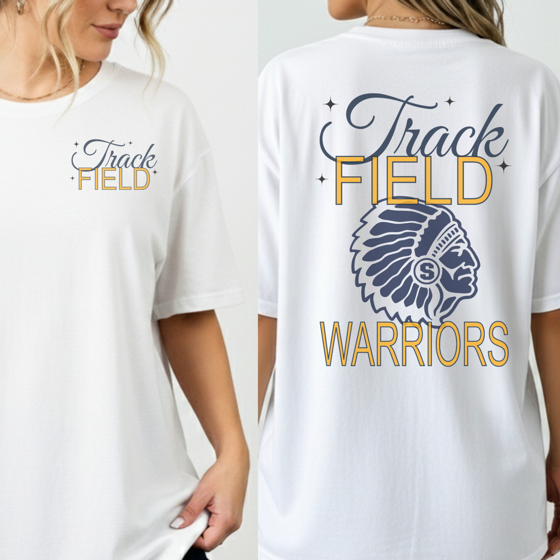 White t-shirt with 'Track Field Warriors' design on the back