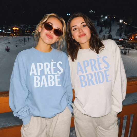 Après Babe and Après Bride matching bachelorette ski trip sweatshirts