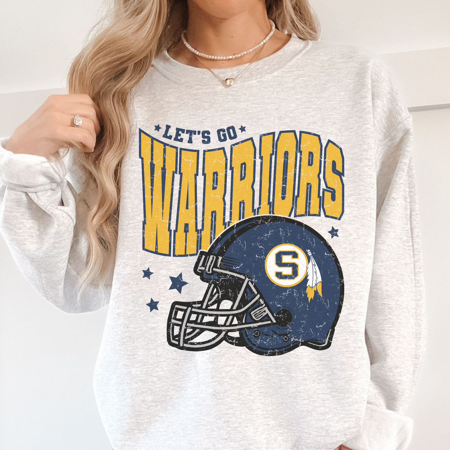Let’s Go Warriors Football Helmet Sweatshirt | Sterling High School Game Day Crewneck