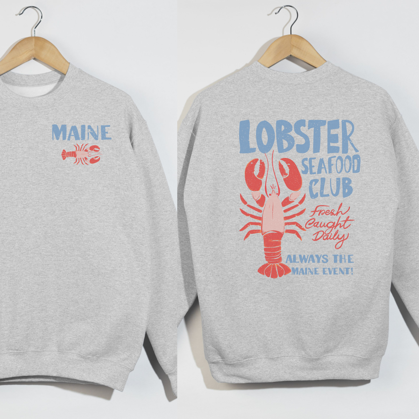 Gray sweatshirt with lobster graphic and text on a white background