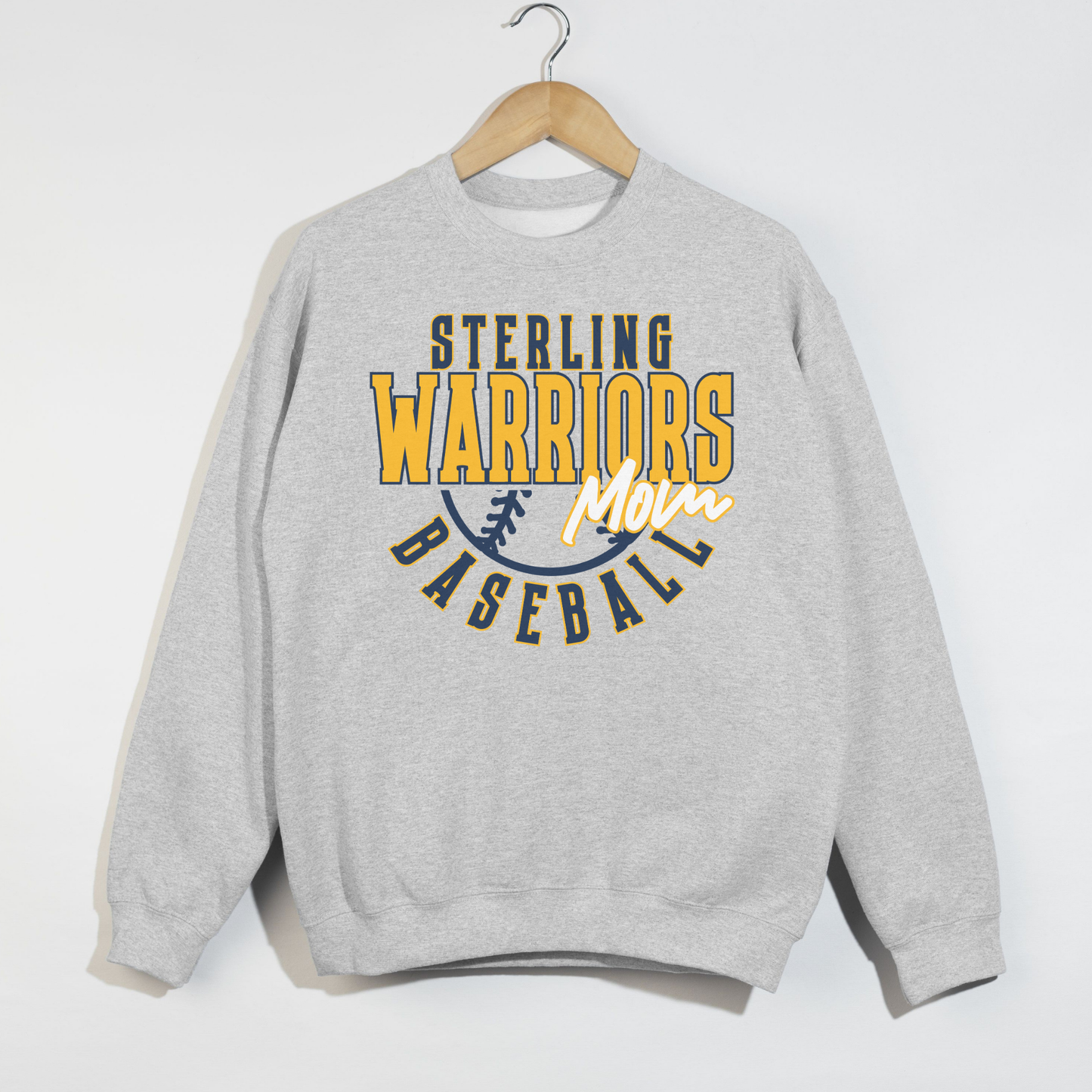 Sterling Warriors Baseball Mom ash gray crewneck sweatshirt on hanger showing full graphic baseball team spirit design