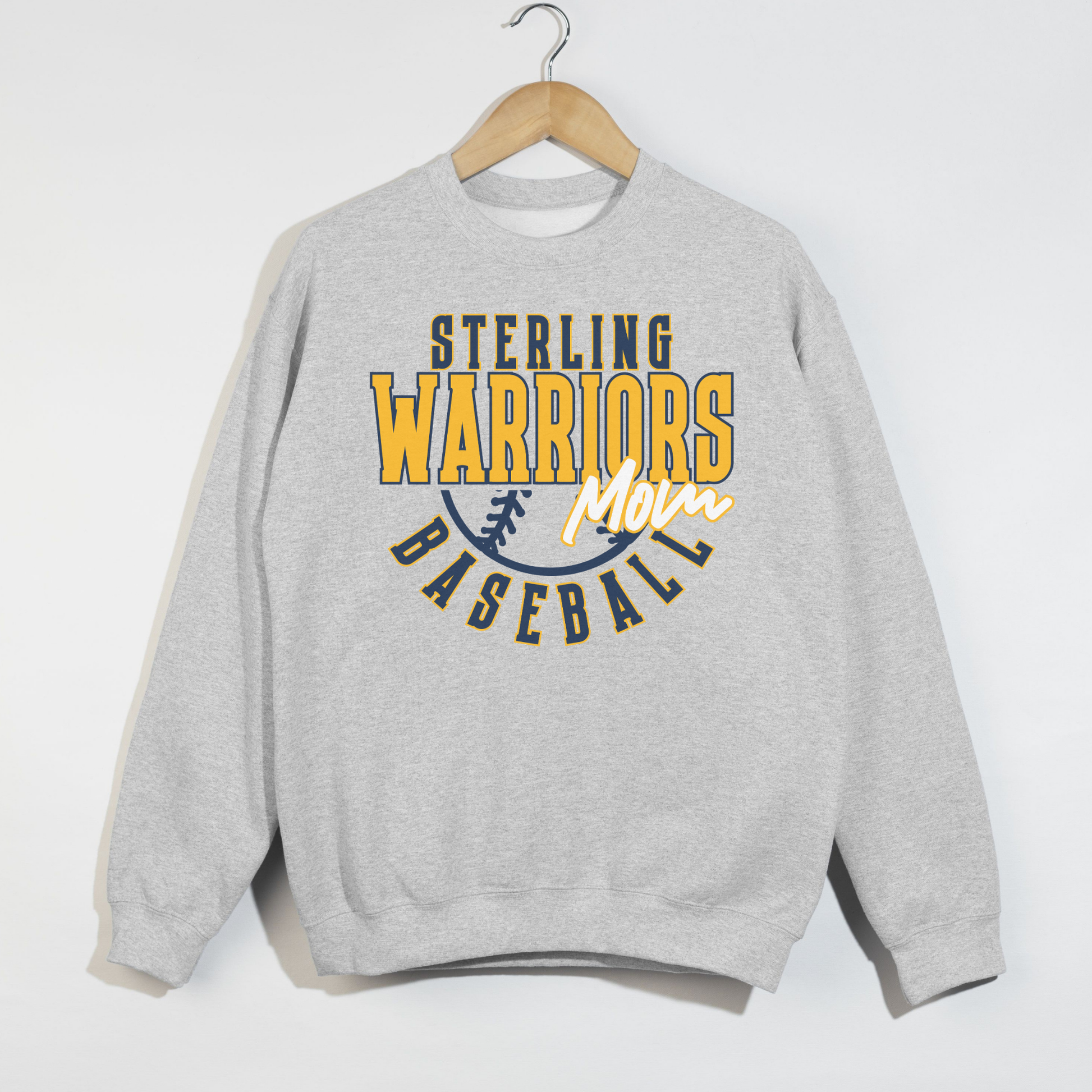Sterling Warriors Baseball Mom ash gray crewneck sweatshirt on hanger showing full graphic baseball team spirit design