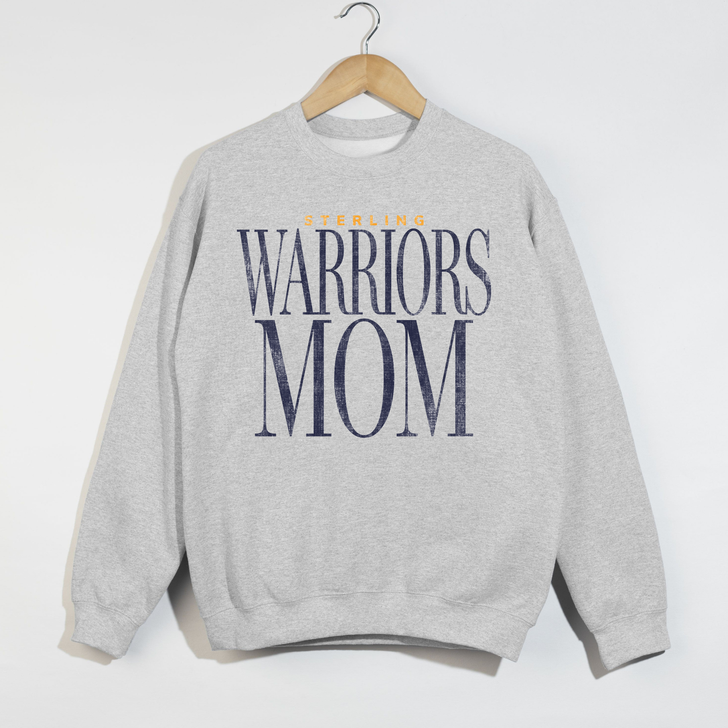Sterling Warriors Mom ash gray crewneck sweatshirt on hanger minimalist graphic sports mom design