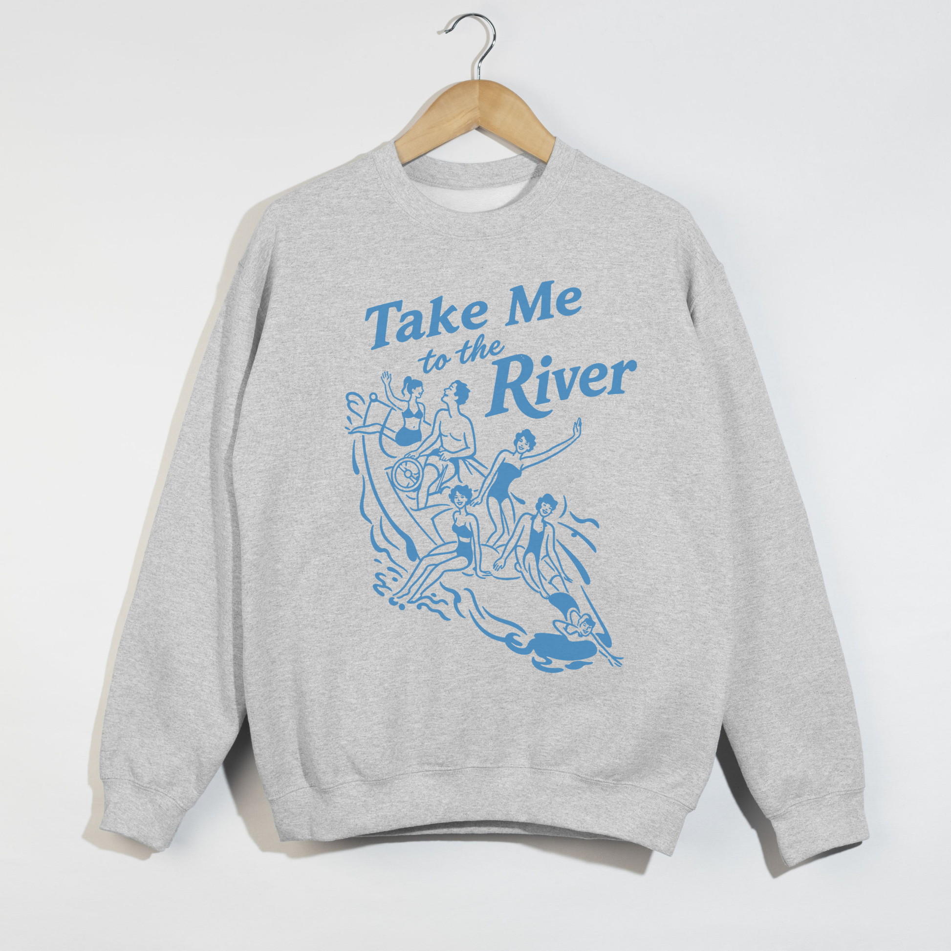 Ash grey lake sweatshirt with blue river graphic on front