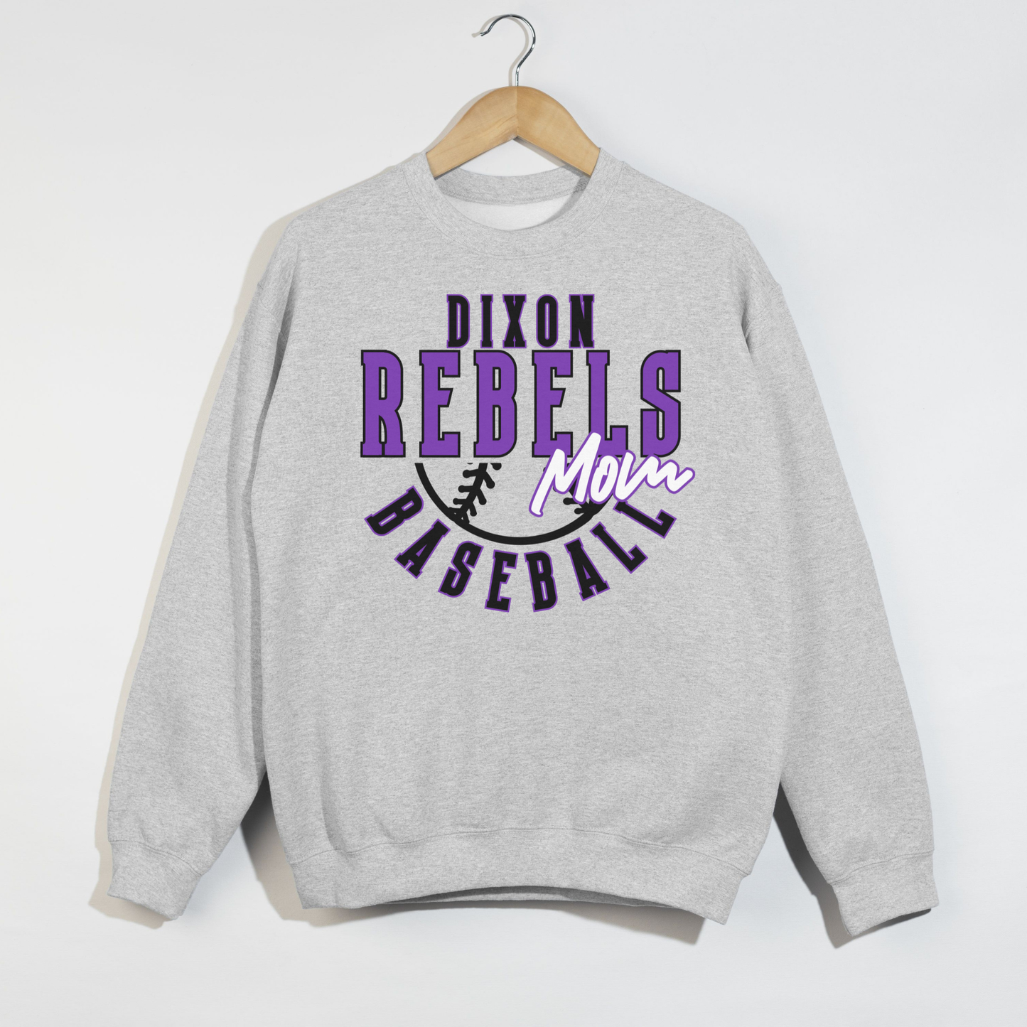 Dixon Rebels Baseball Mom ash grey sweatshirt flat lay on hanger with purple baseball graphic design