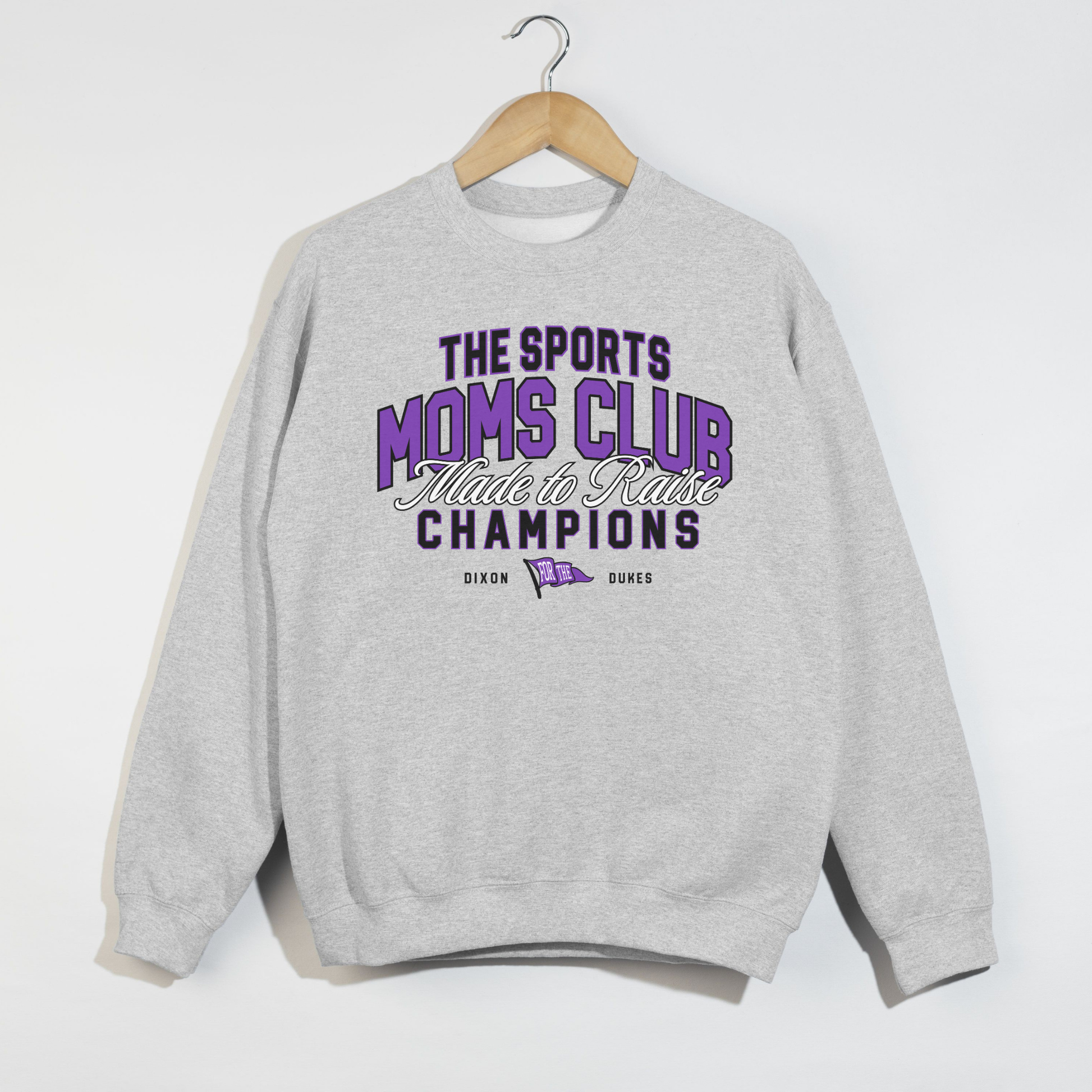 Ash grey Dixon Dukes Sports Moms Club crewneck sweatshirt flat lay product image