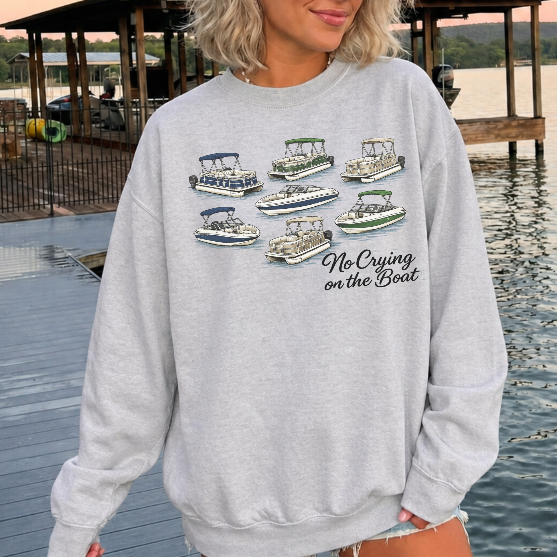 oversized ash grey lake sweatshirt funny boat graphic front view