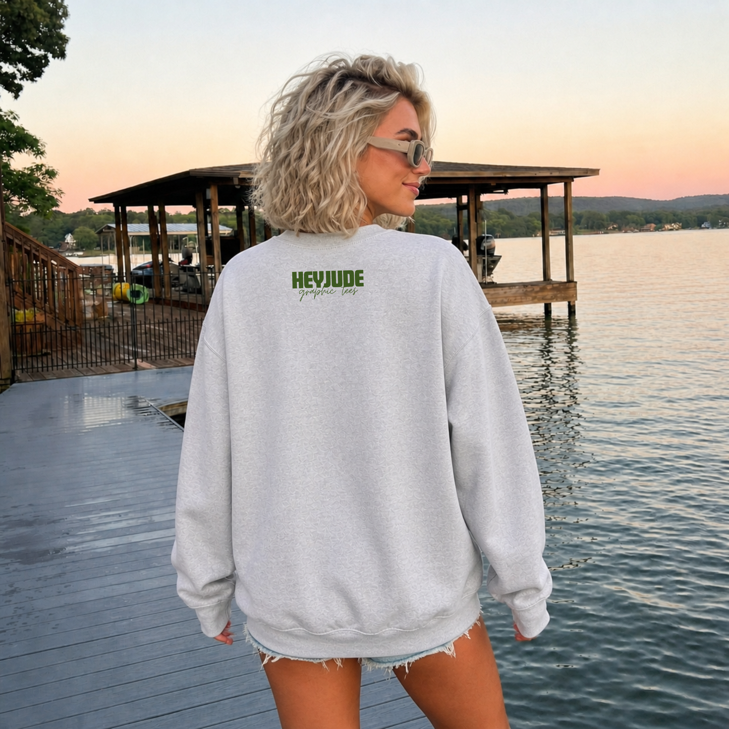 back of ash grey crewneck with hey jude graphic tees logo lake outfit