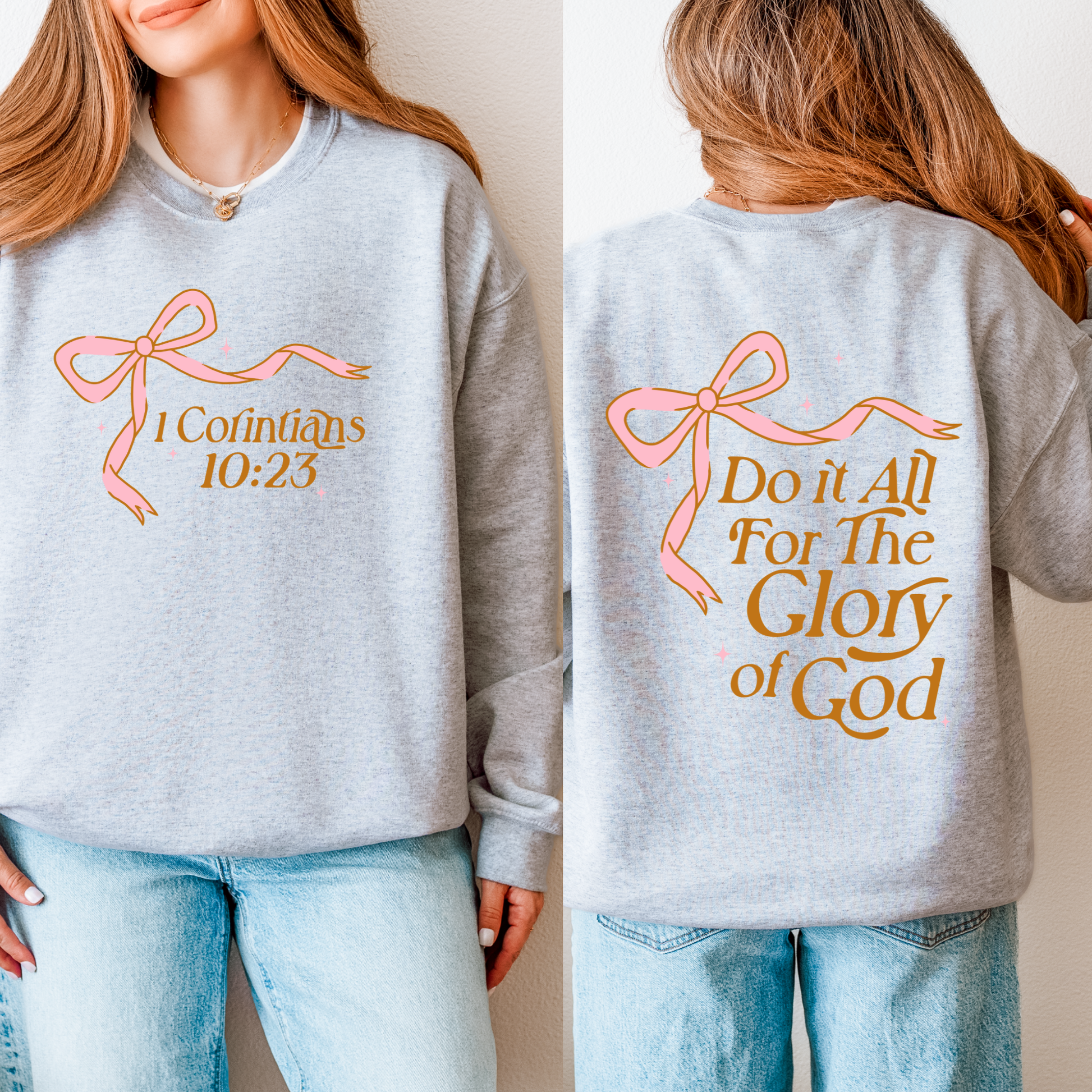 Ash grey Christian crewneck with 1 Corinthians 10:23 on front and “Do It All for the Glory of God” on back — American Apparel RF496