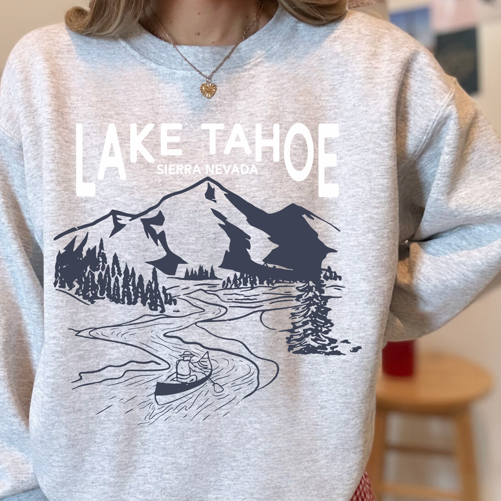Close-up of gray Lake Tahoe Sierra Nevada mountain graphic sweatshirt design