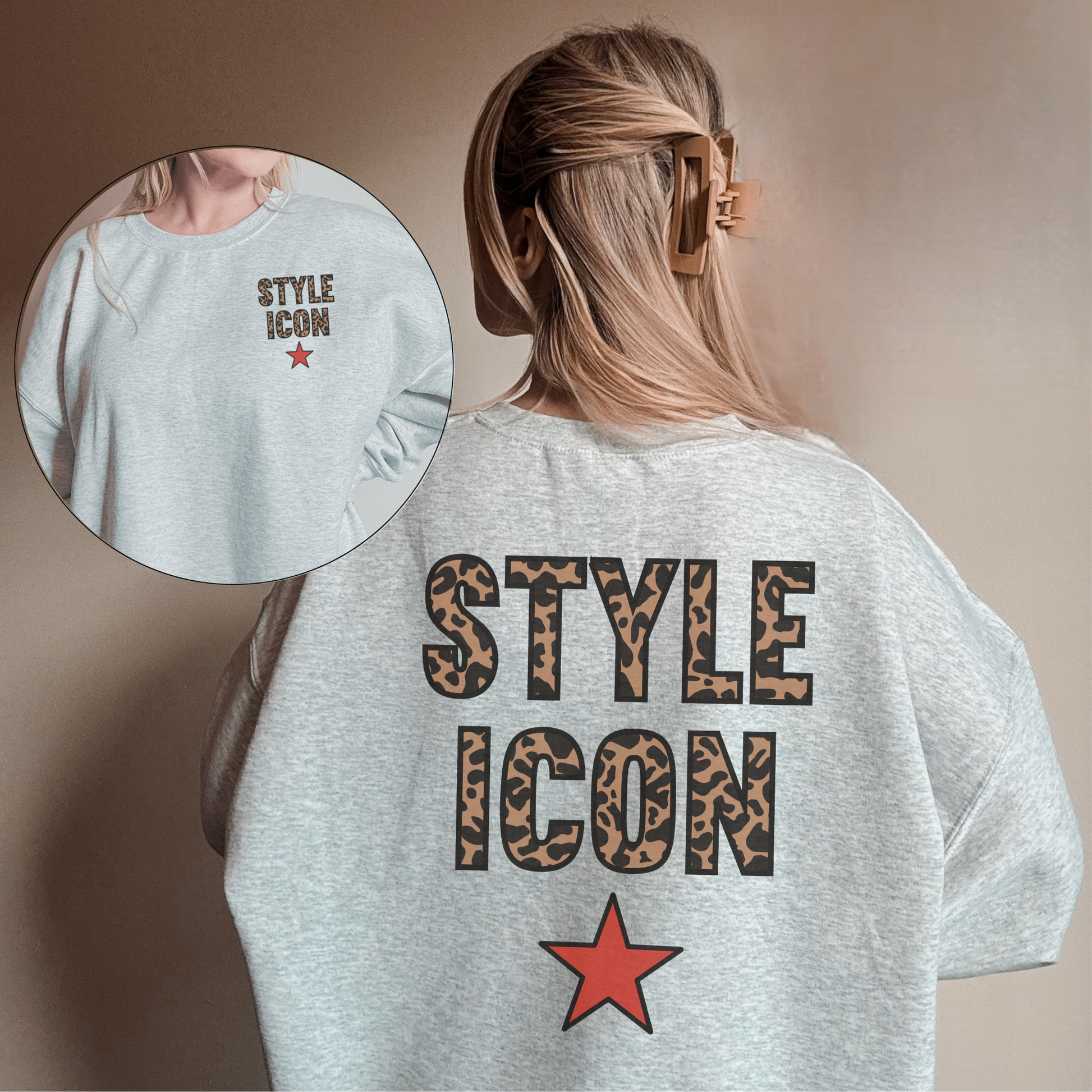 Ash grey Style Icon sweatshirt showing back graphic design