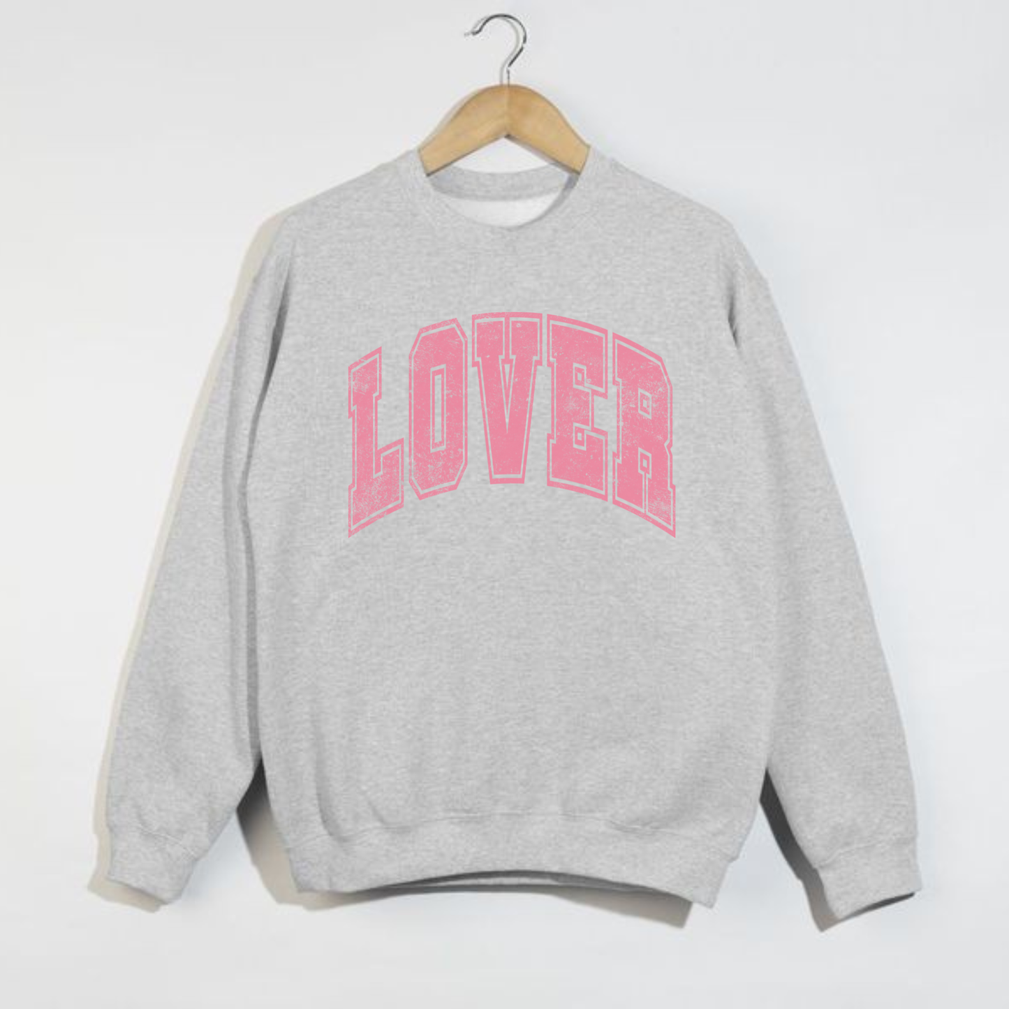 Ash grey LOVER sweatshirt on hanger with soft fleece crewneck design