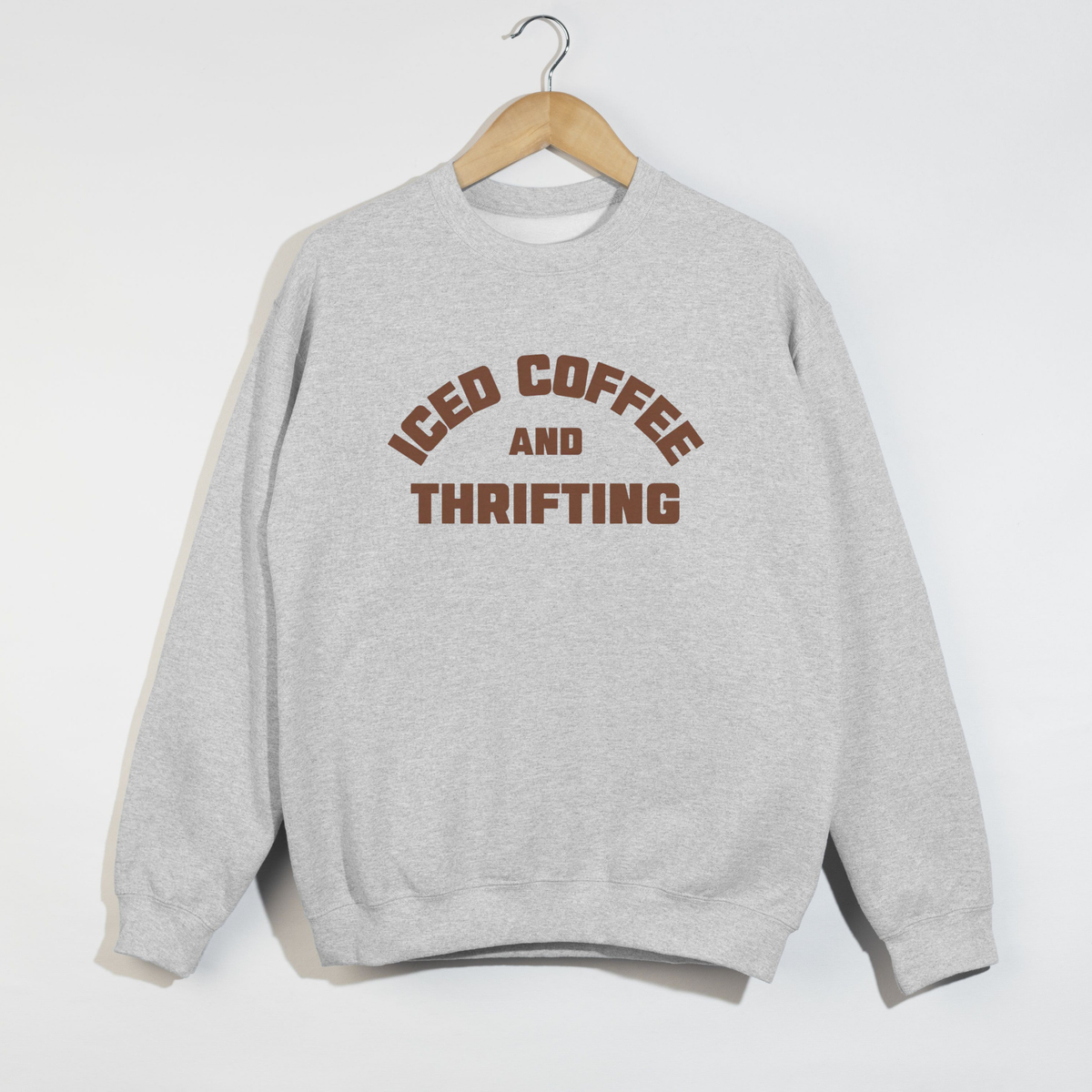 Iced Coffee and Thrifting ash grey crewneck sweatshirt with brown text, thrift core style