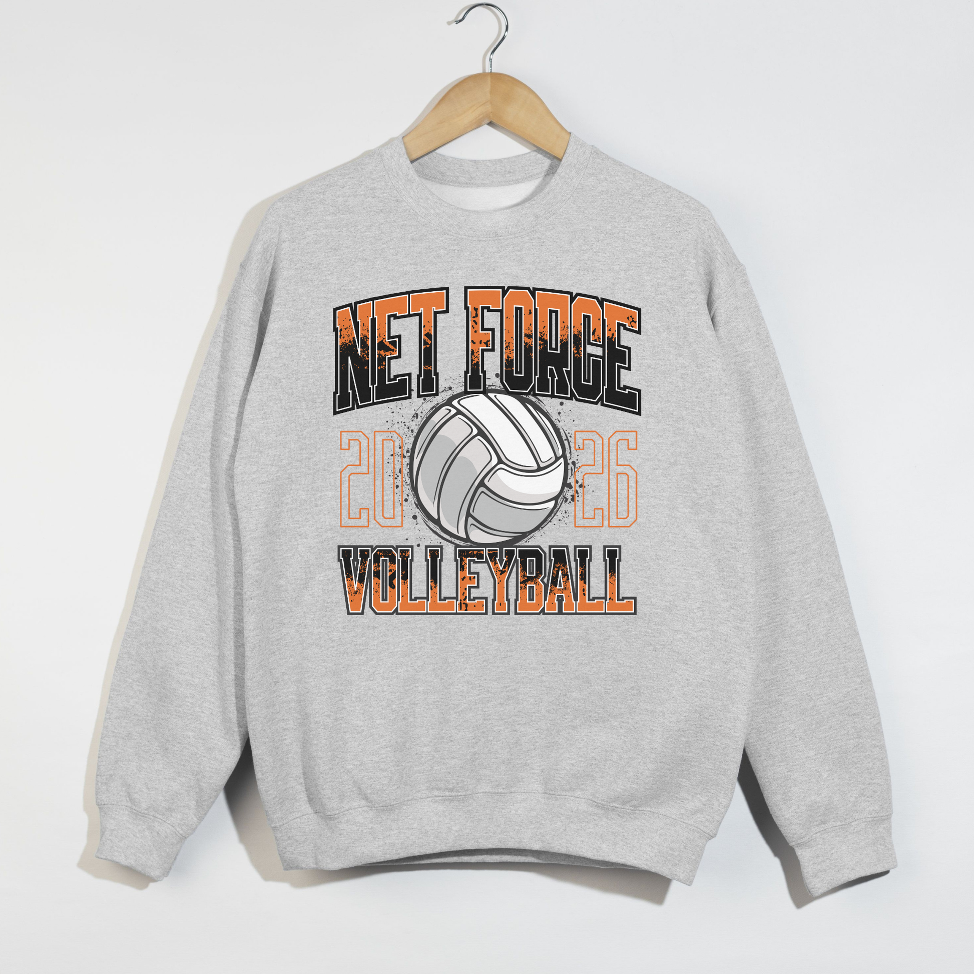 Gray sweatshirt with 'Net Force Volleyball' text and volleyball graphic on a white background