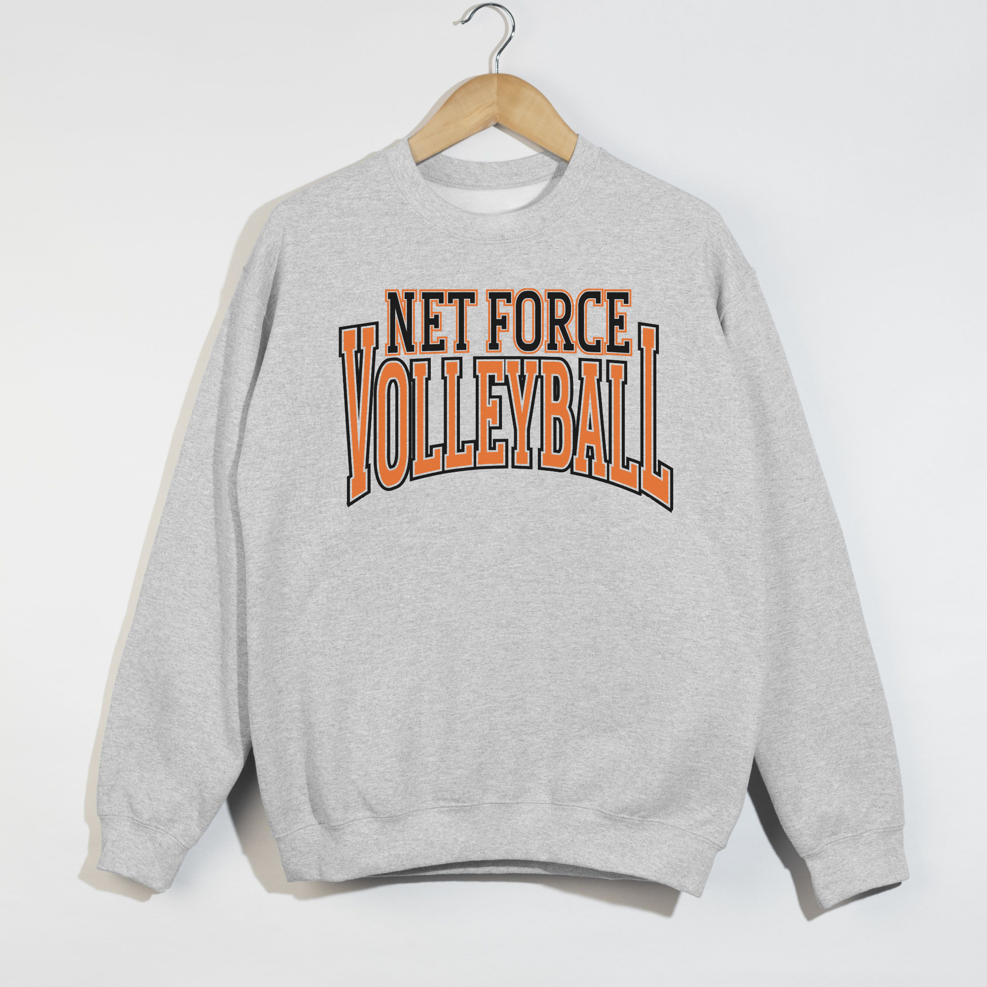 Gray sweatshirt with 'NET FORCE VOLLEYBALL' text on a white background