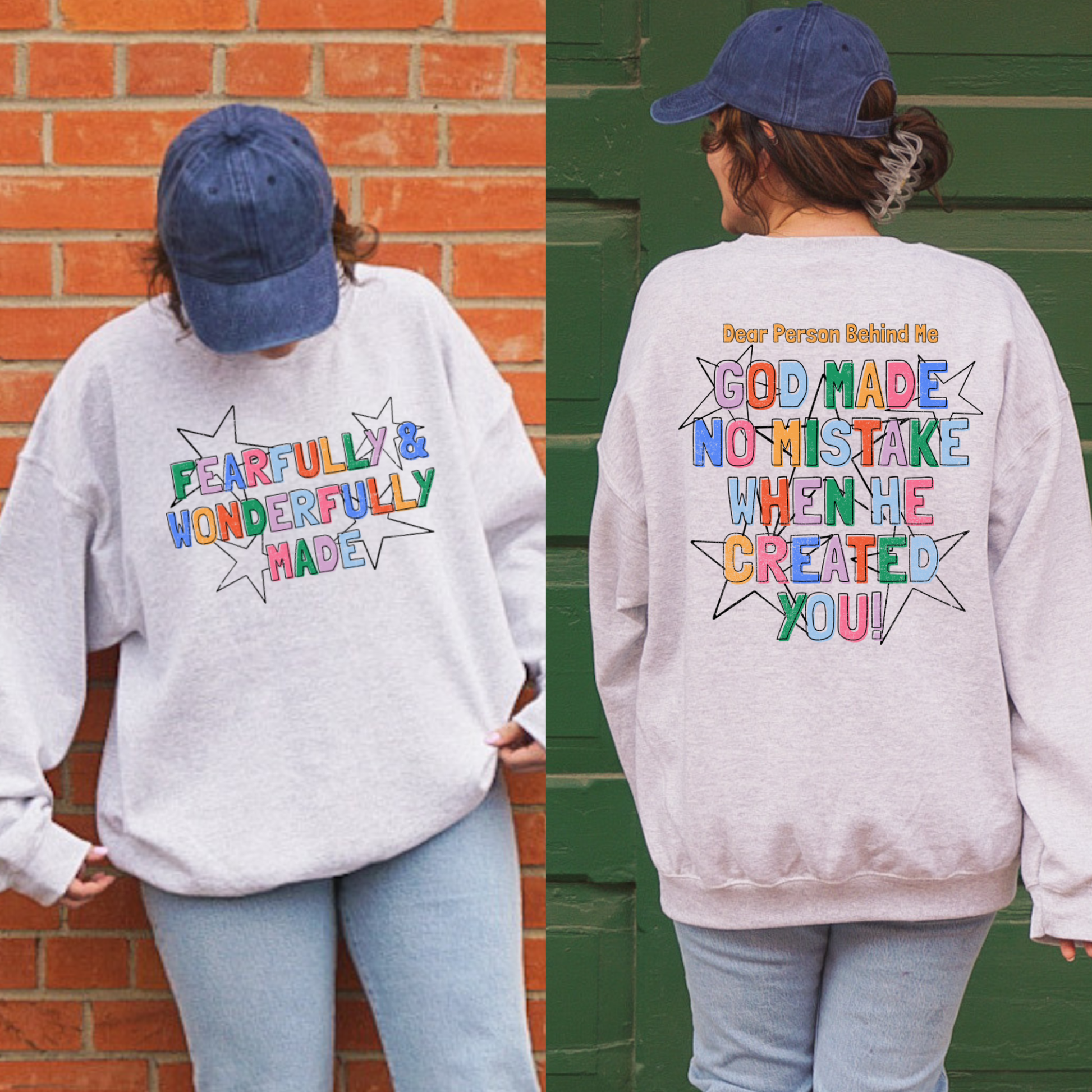 christian sweatshirt fearfully and wonderfully made front and back design colorful faith affirmation crewneck