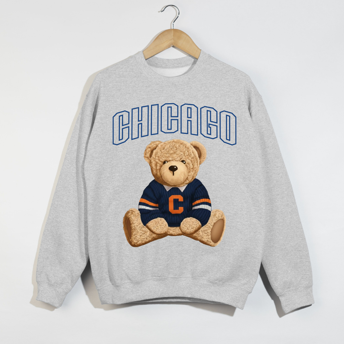 Ash grey Chicago vintage football teddy bear crewneck sweatshirt with navy blue and orange retro graphic