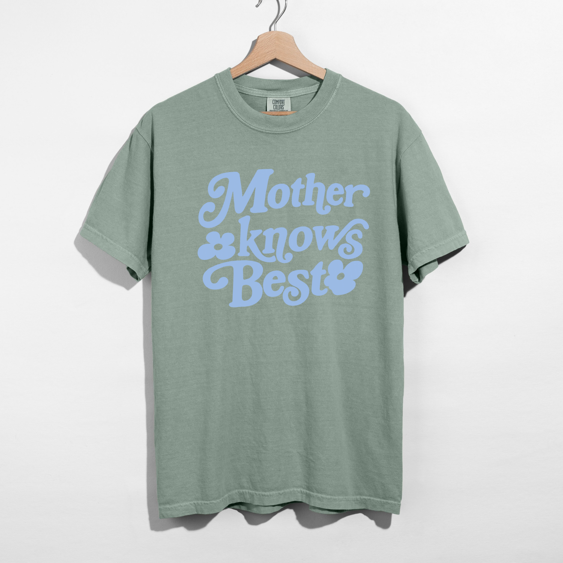 Mother Knows Best retro graphic t-shirt on sage green Comfort Colors tee