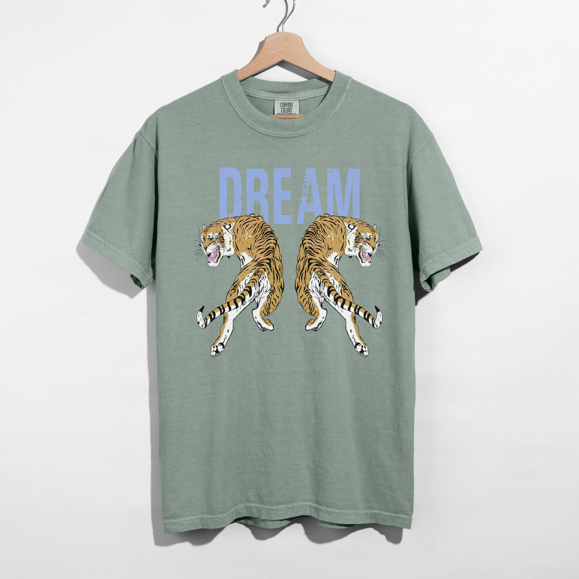 bay green Dream Tiger graphic tee with vintage style tiger illustration