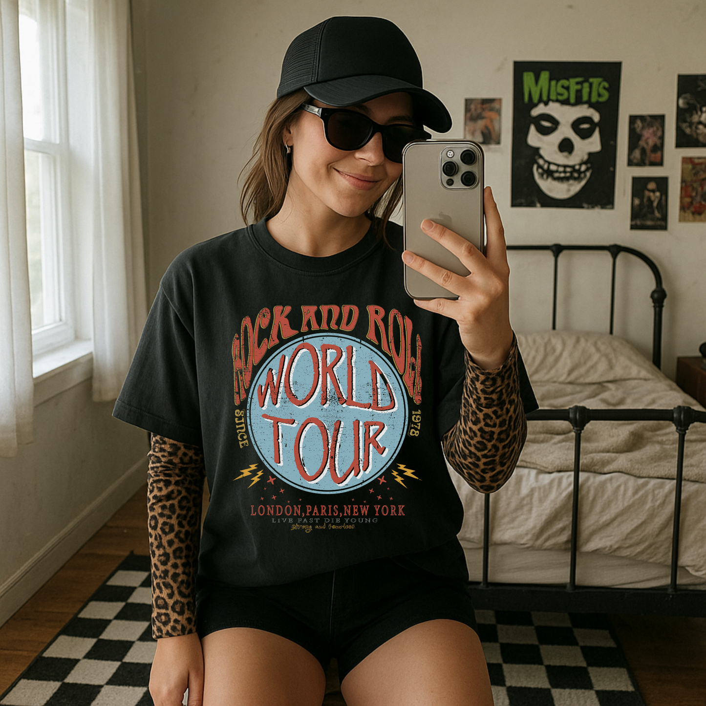 Rock and Roll World Tour vintage graphic tee layered with long sleeve styled in a size up for a relaxed look