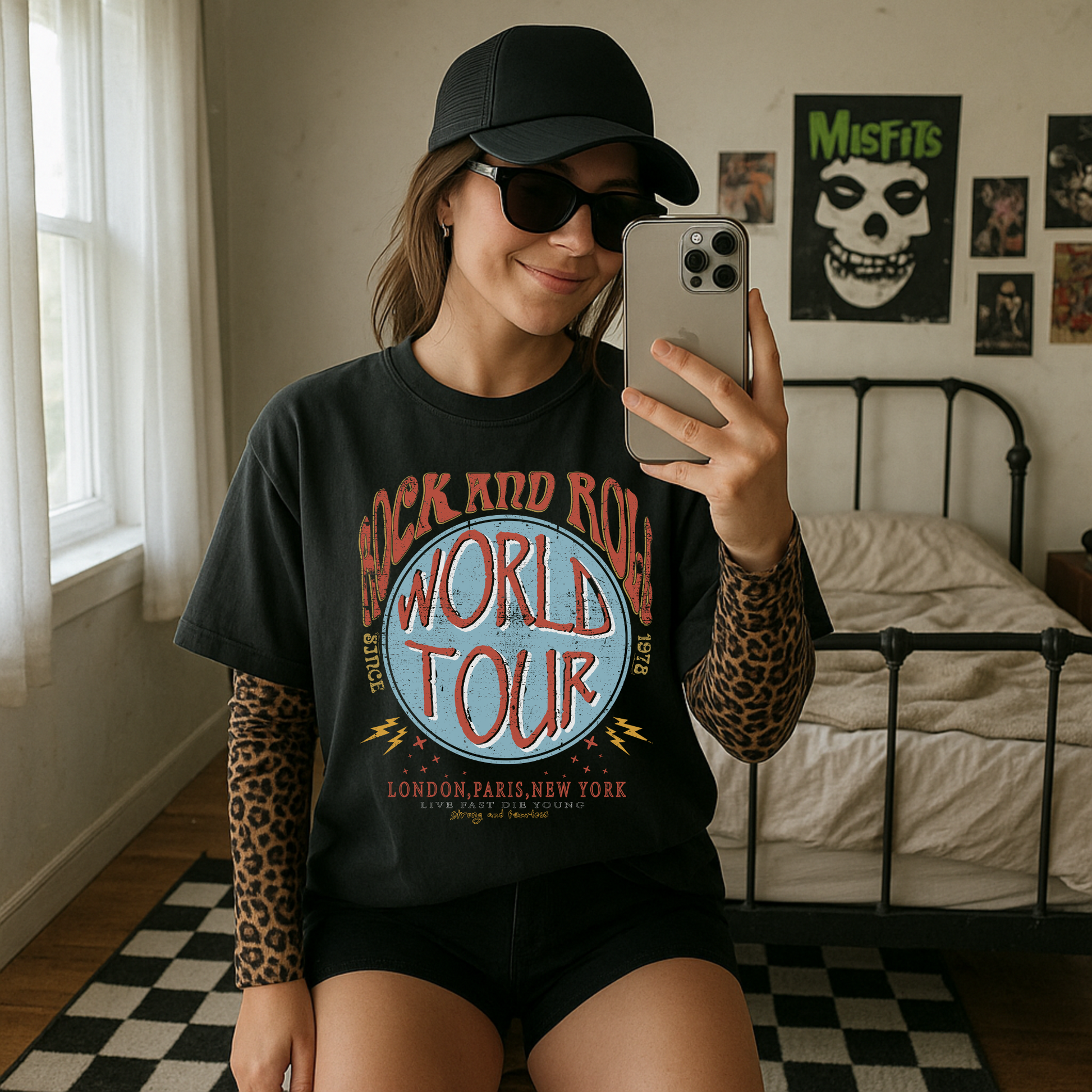 Rock and Roll World Tour vintage graphic tee layered with long sleeve styled in a size up for a relaxed look