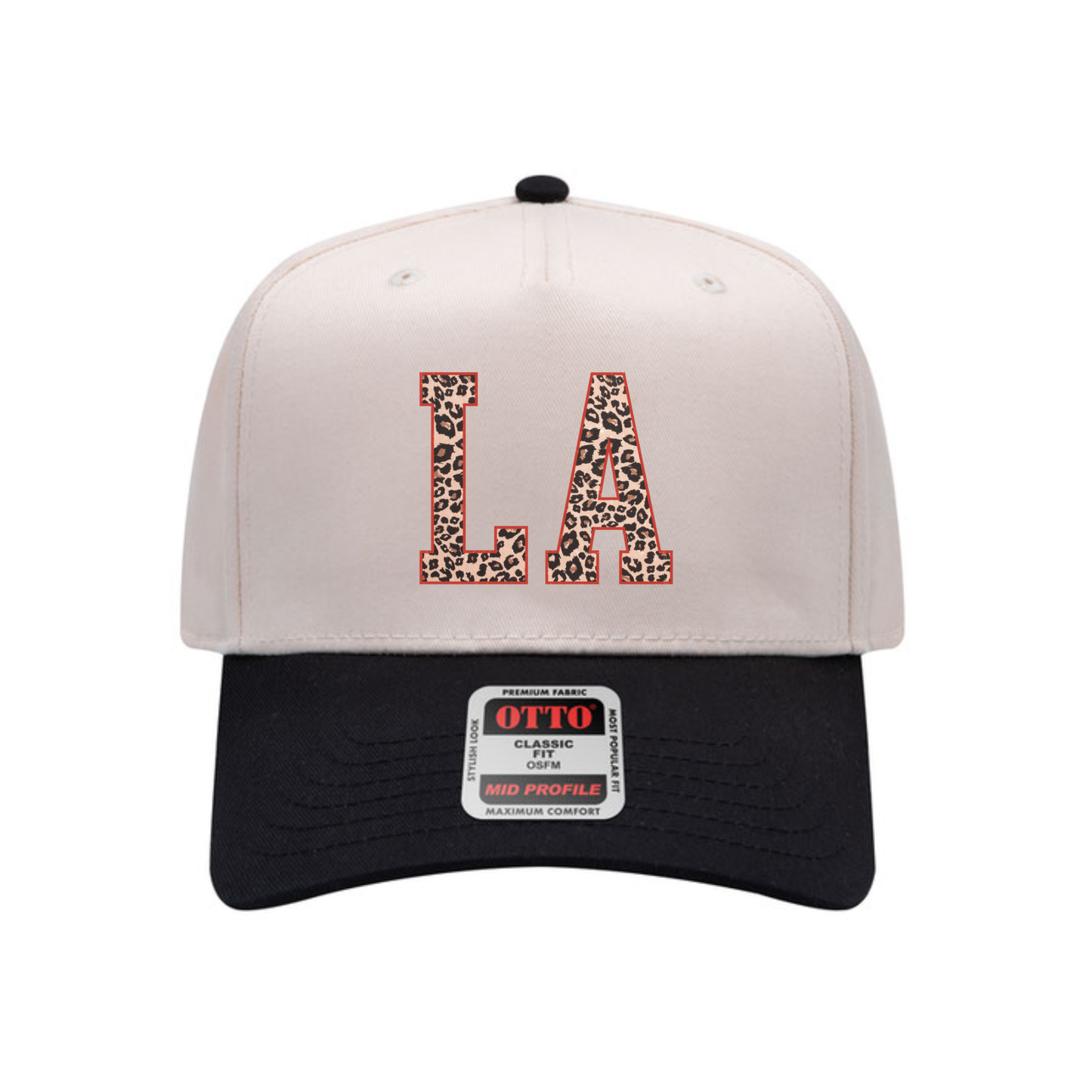 Leopard LA initial canvas baseball hat flat lay product photo