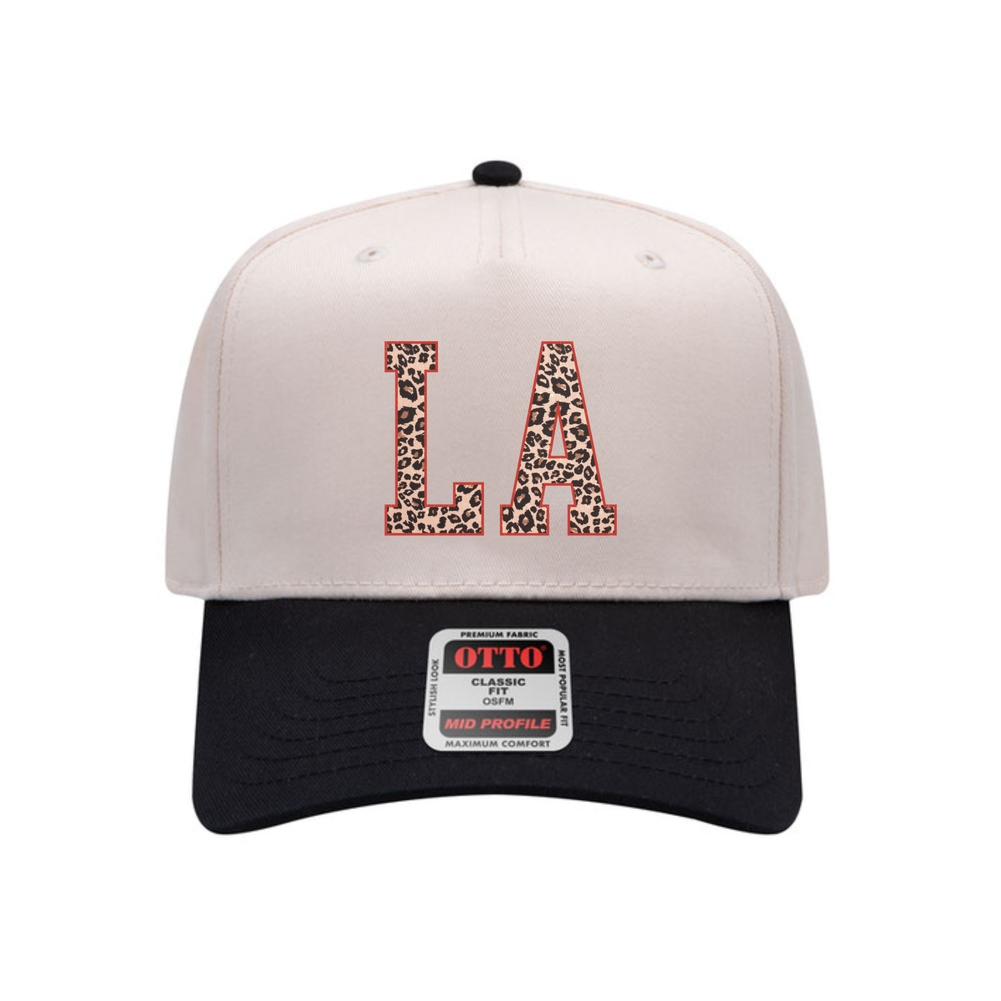 Leopard LA initial canvas baseball hat flat lay product photo