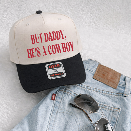 black and canvas western trucker hat but daddy he’s a cowboy