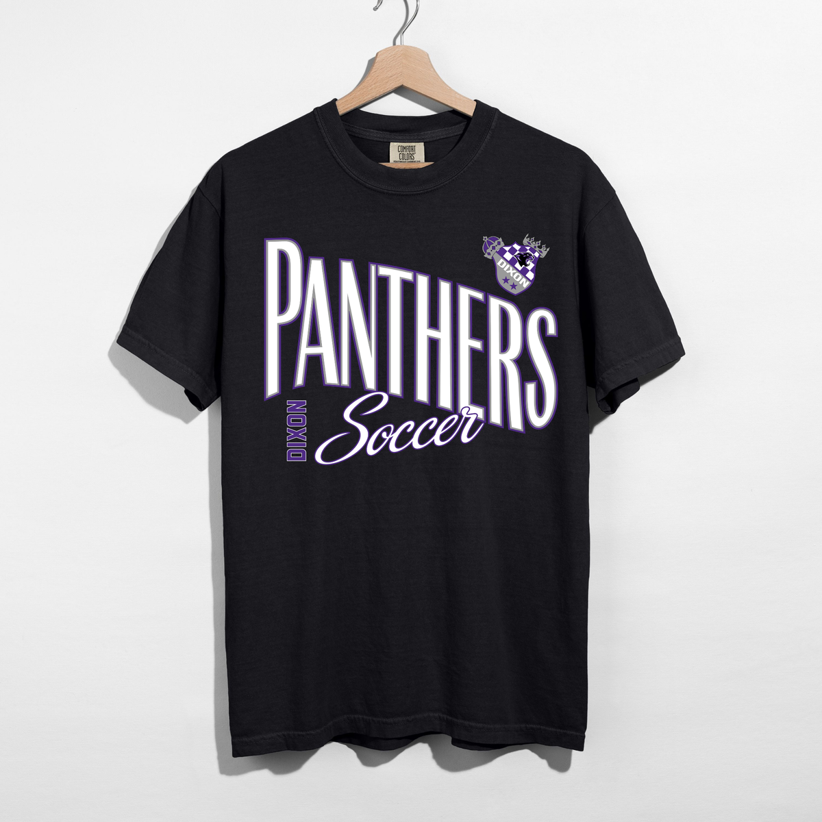 Black Dixon Panthers Soccer Comfort Colors tee with white and purple Panthers soccer graphic