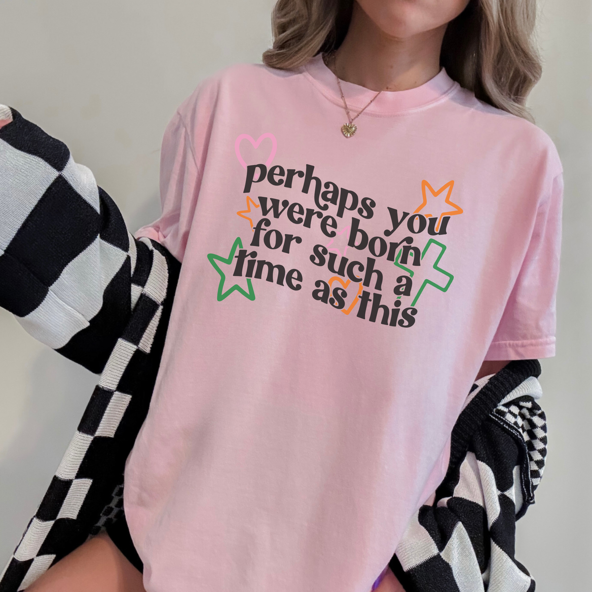 Pink Comfort Colors t-shirt with “Perhaps You Were Born for Such a Time as This” — Christian retro graphic tee for women