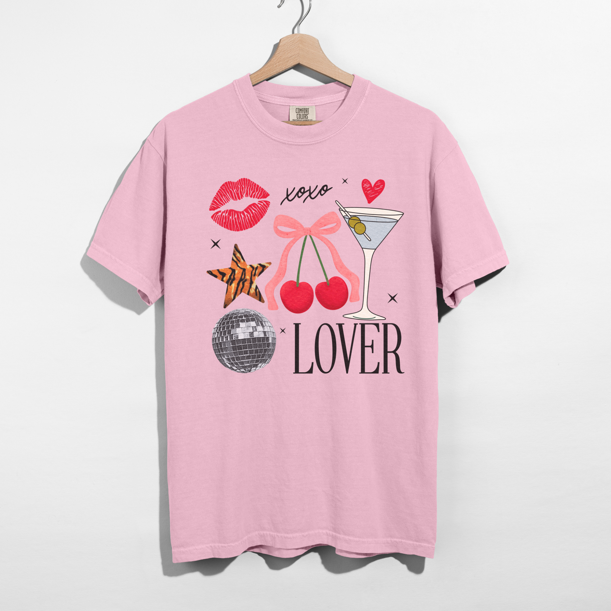 Pink Lover t-shirt featuring retro cherry, lips, bow, and disco ball artwork on Comfort Colors tee.