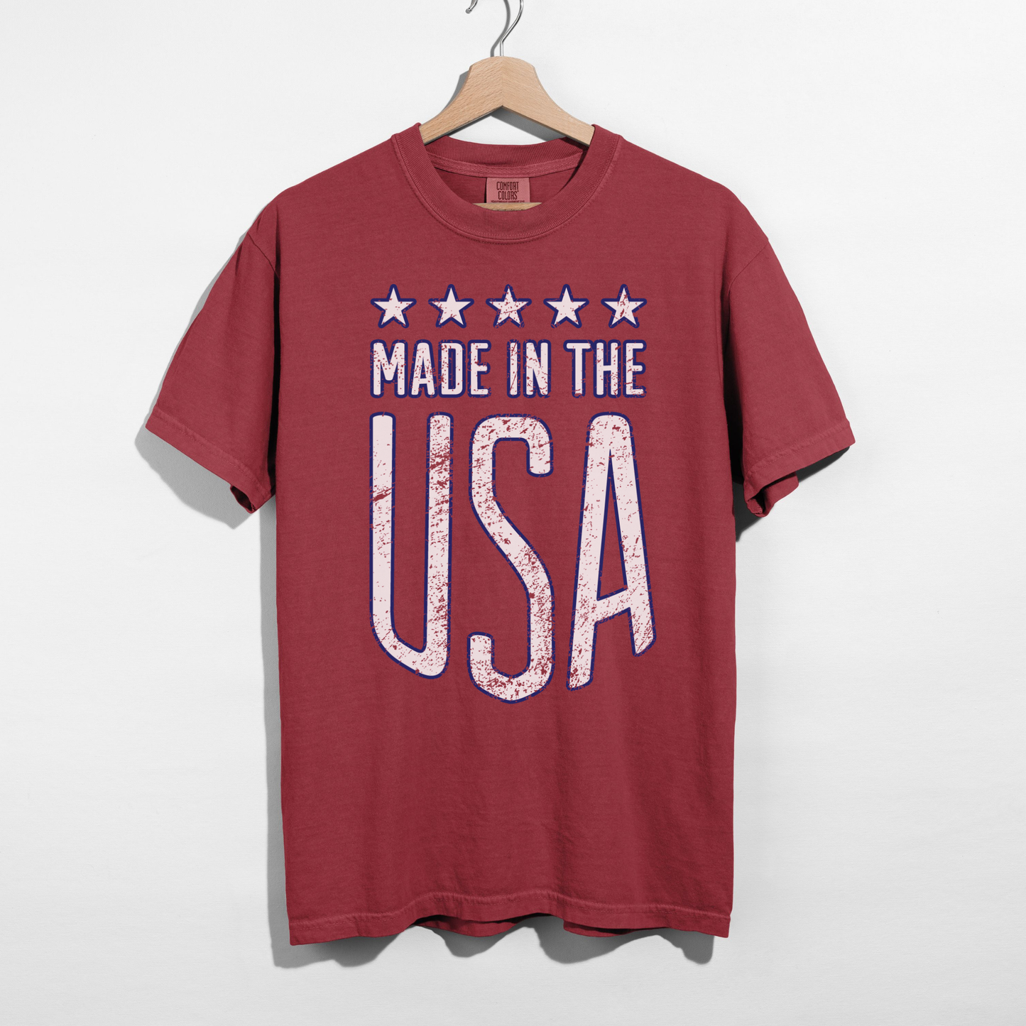 Crimson Made in the USA graphic tee vintage patriotic shirt with stars and distressed lettering