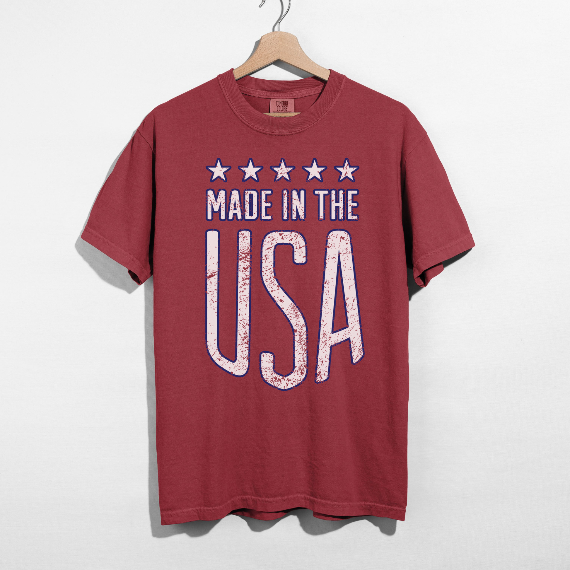 Crimson Made in the USA graphic tee vintage patriotic shirt with stars and distressed lettering