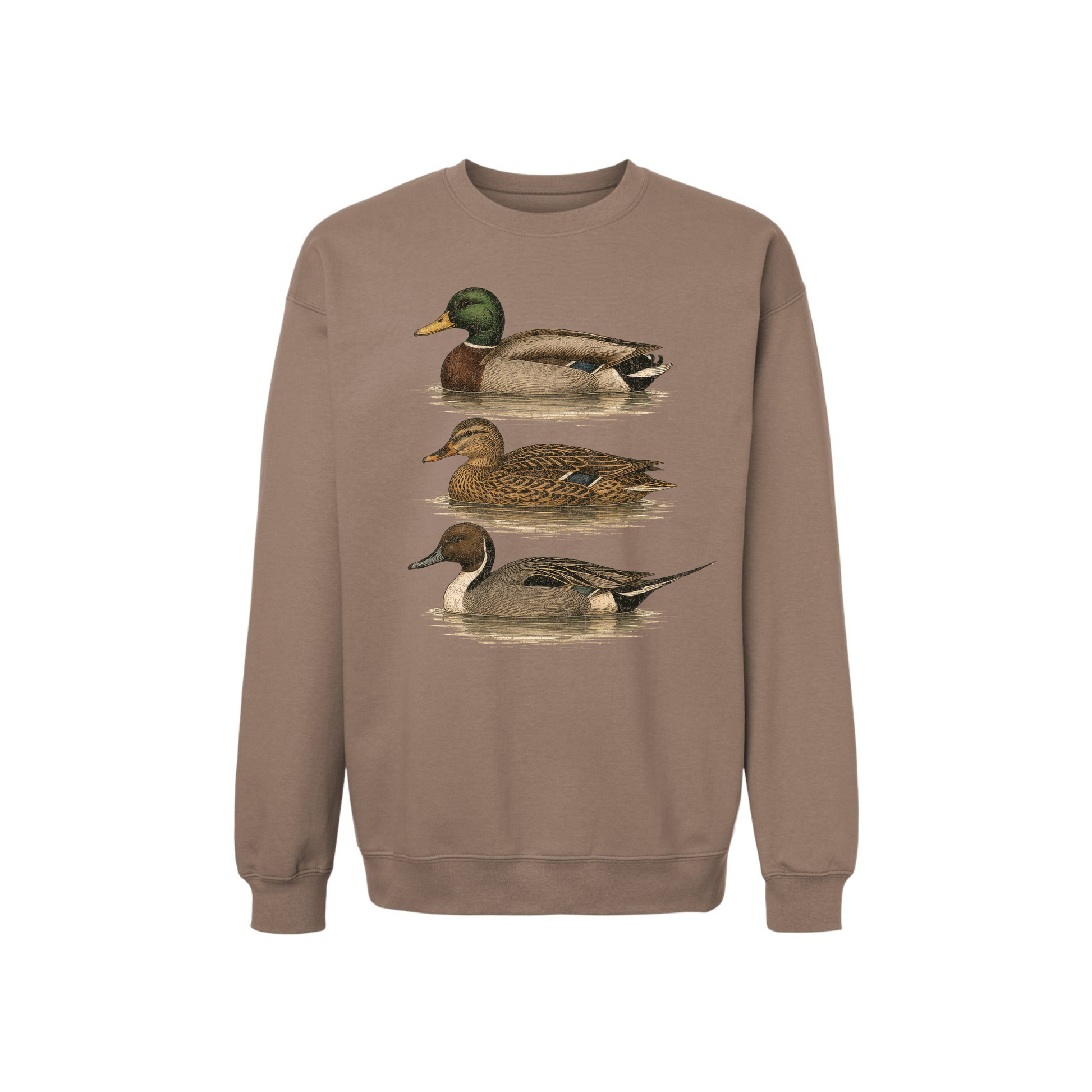 Brown Savana vintage duck sweatshirt with mallard hen and pintail style waterfowl graphic