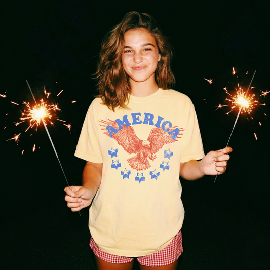 Yellow patriotic America eagle t-shirt with sparklers summer outfit 4th of July