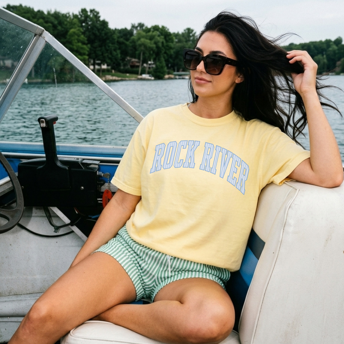 Rock River striped tee butter yellow coastal river outfit on boat