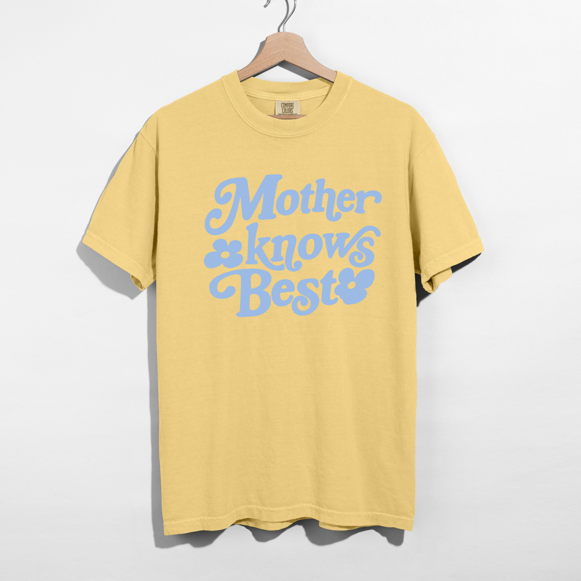 Mother Knows Best vintage style graphic on butter yellow Comfort Colors t-shirt