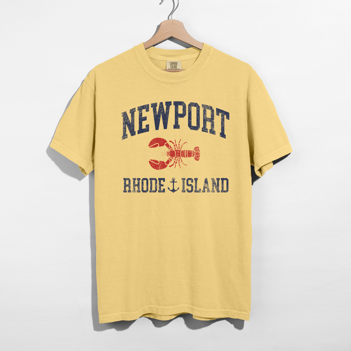Yellow Comfort Colors Newport Rhode Island t-shirt with lobster graphic nautical style shirt