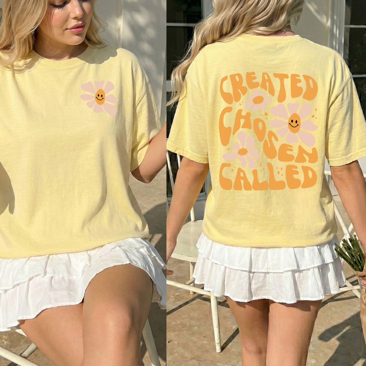 Created Chosen Called floral Christian t shirt in butter yellow with inspirational back message