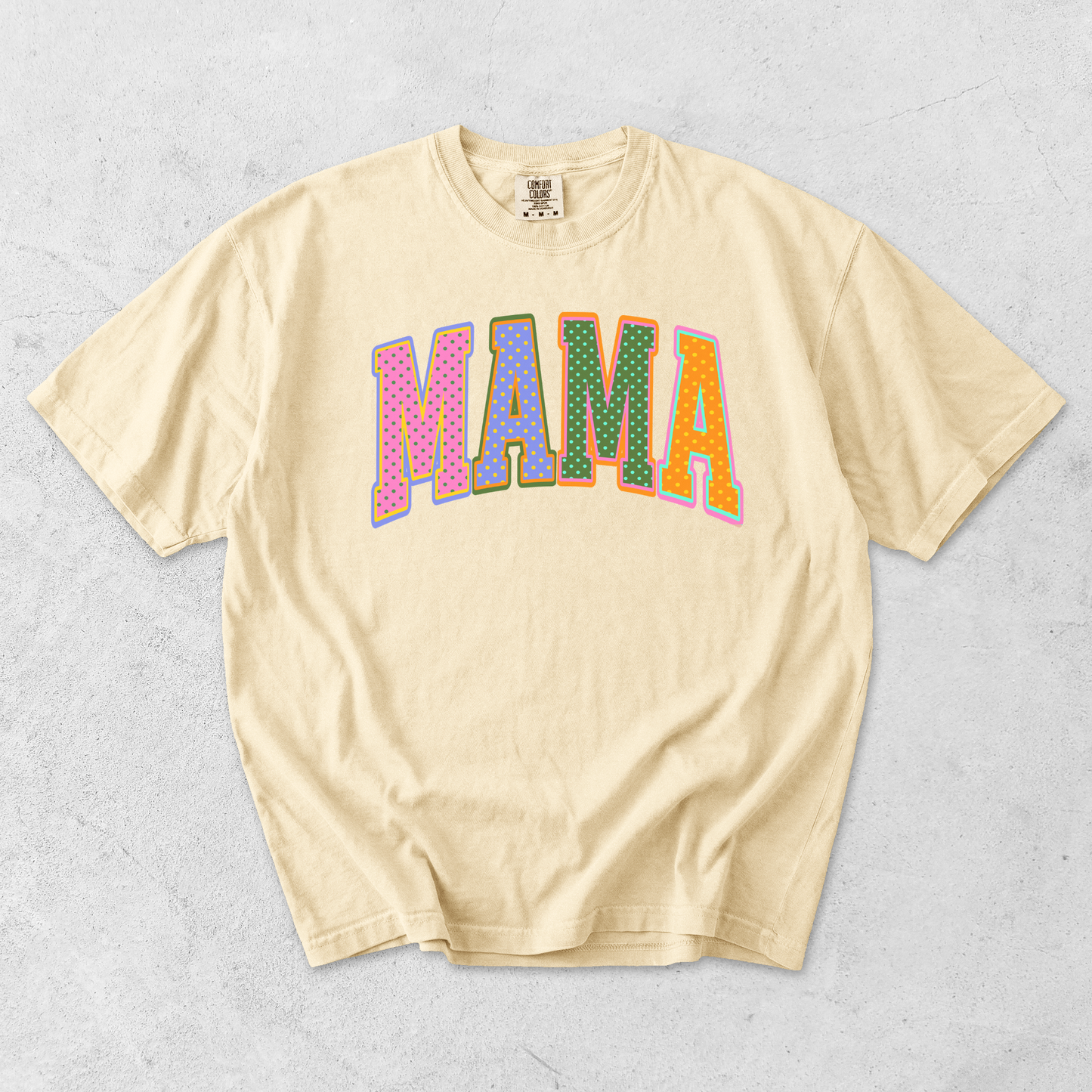 Butter yellow Comfort Colors mama graphic tee with bright multicolor retro mama design
