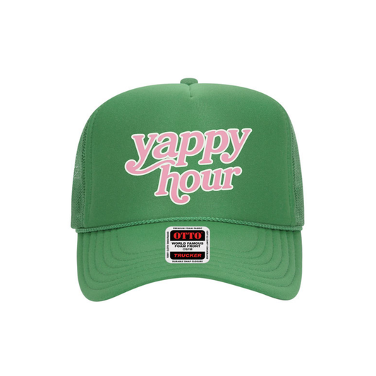 Green foam front yappy hour trucker hat with retro lettering
