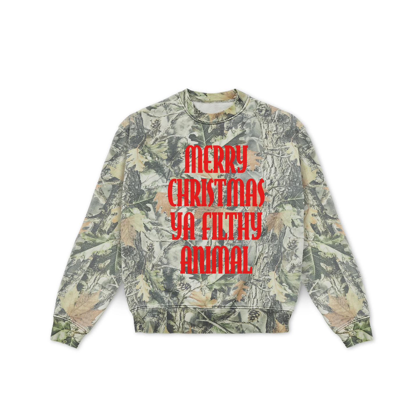 Luxury oversized woodland camo Christmas sweatshirt featuring the iconic Merry Christmas Ya Filthy Animal graphic in bold red lettering.