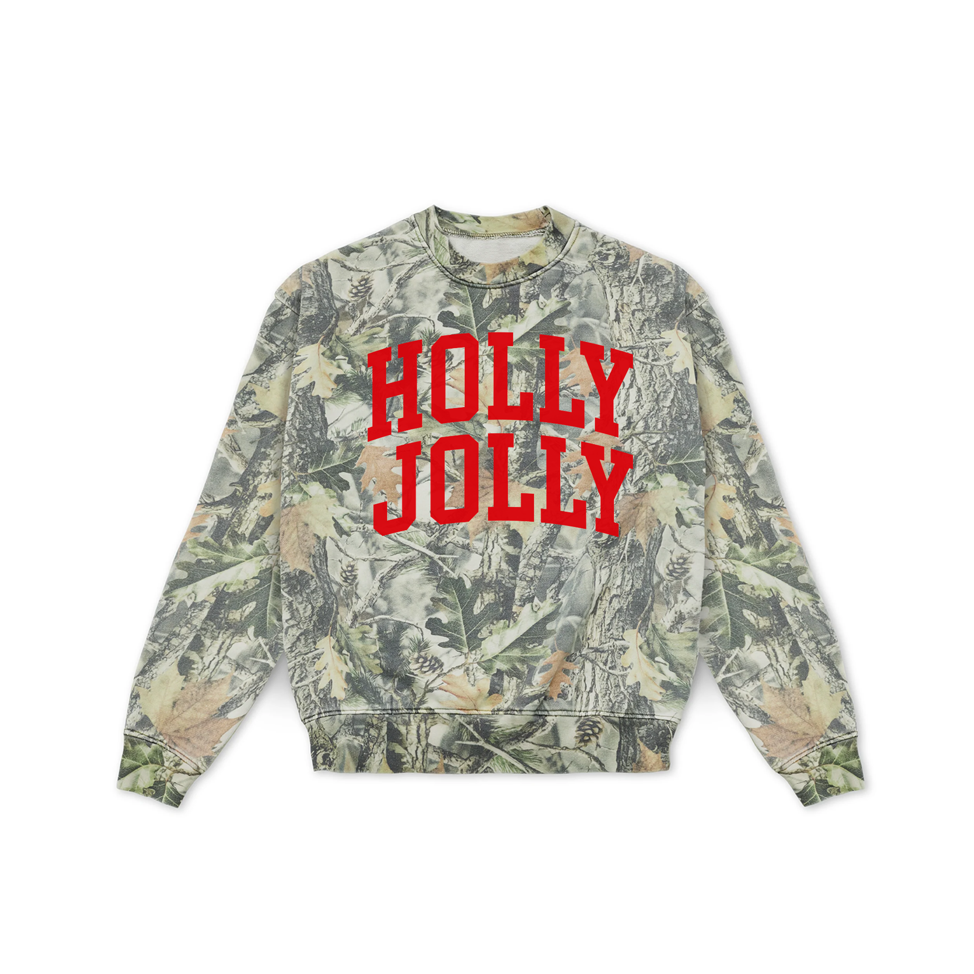 Luxury oversized woodland camo Holly Jolly Christmas crewneck sweatshirt with bold red collegiate lettering