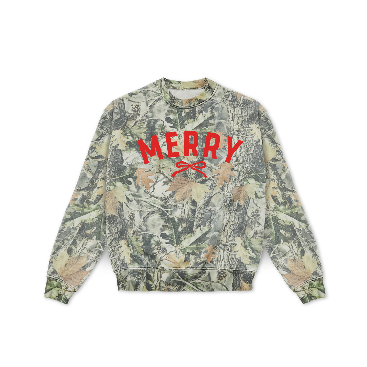 Luxury oversized woodland camo Christmas crewneck sweatshirt featuring a bold red Merry graphic with bow detail.